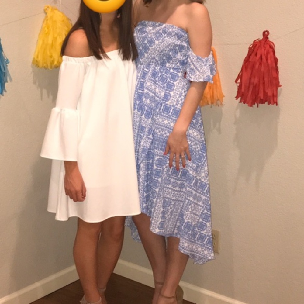 Blue & White High-Low Off the Shoulder Dress